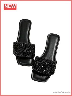 Sparkly Flat Sandals Dressy Open Toe Glitter Slide Rhinestone Comfortable Slip